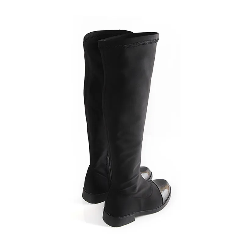 Size30-37 большие дети девочки колена сапоги 2015 новая мода черная эластичная ткань искусственная кожа весна / осень / зима ботинок для девочек-подростков