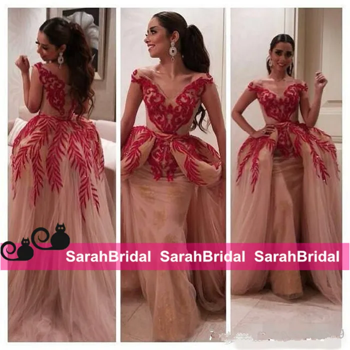 Myriam Fares 2019 Celebrity Military Ball Gowns Two Pieces V Neck Red Lace Sequin Nude Tulle Women Wear Arabic Prom Formal Evening Dresses