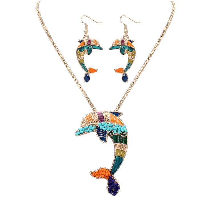 Nieuwe Punk Style 18kgp / 925 Silver LifeFe Drip Rainbowful Stoute Dolphin Shape Sieraden Set Legering Ketting Oorbellen Accessoires Voor Vrouwen