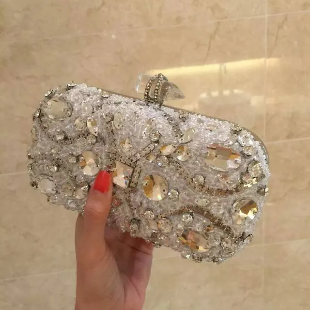 Elegant White Evening Bags Clutches Clear Beads Handbag Party Bridal ...