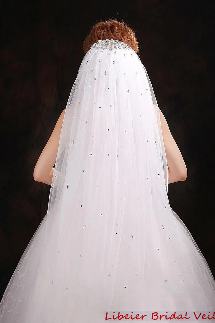 New High Quality Bridal Veils New Arrival Sequined Sparkly Crystals Tulle White Bridal Cheap Wedding Veil Wedding Accessories Fing290K