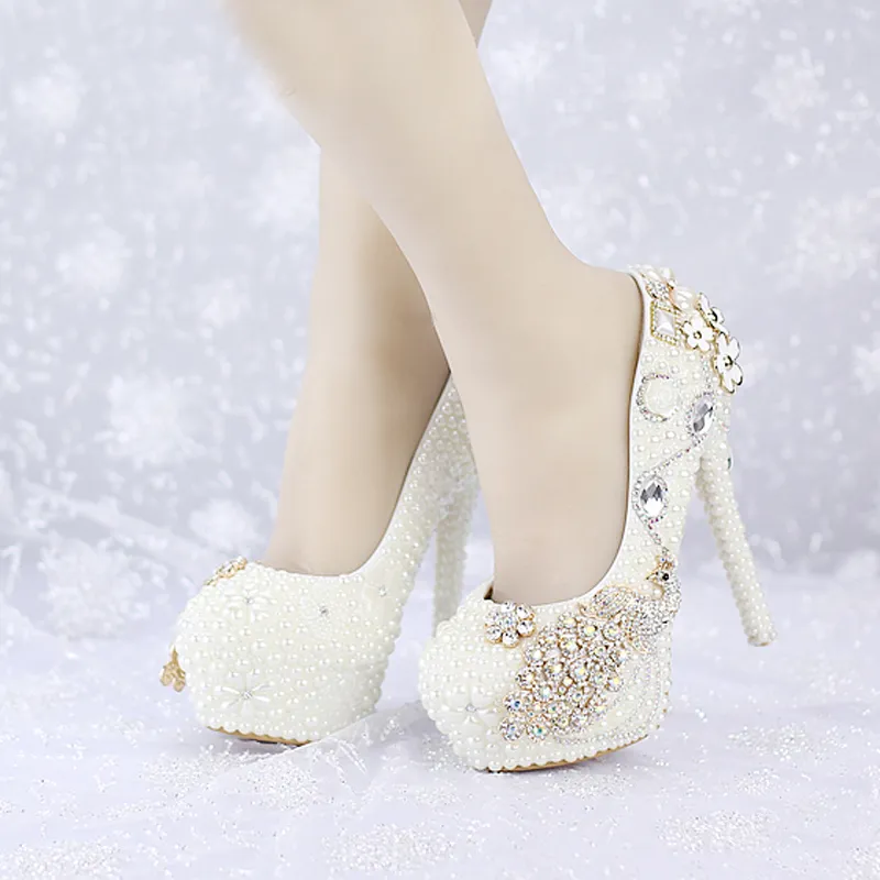 Custom Made New Ivory Pearl Wedding Shoes Round Toe Platforms Phoenix Rhinestone Bridal Dress Shoes Banquet Prom Pumps