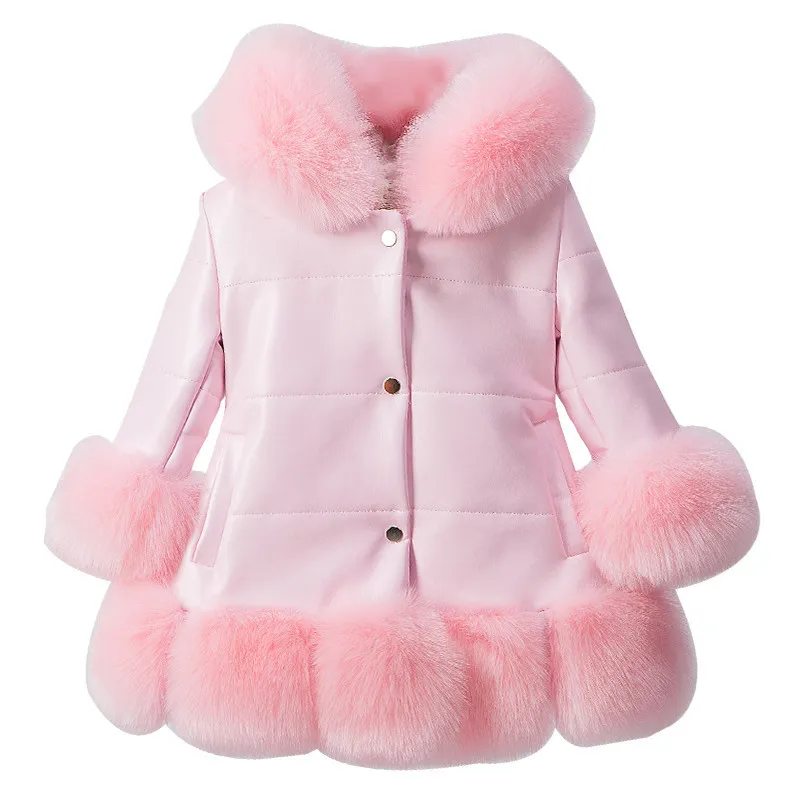 Solid Baby Girl Down Coat Cute Faux Fur Overcoat For 2 12yrs Girls