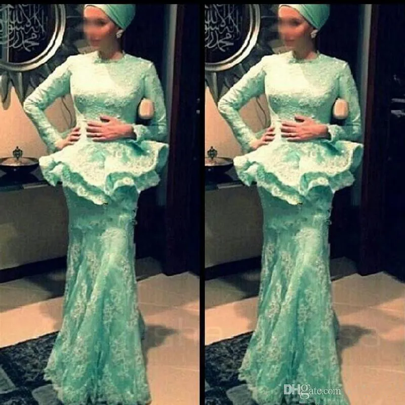 Lace Long Sleeves Dresses Evening Wear Muslim Arabic Dresses Aso Ebi Style Mother of the Bride Gowns with Peplum Skirt