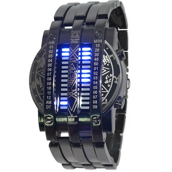 패션 성격 전체 남자 시계 스틸 블루 28 LED 이진 군사 팔찌 스포츠 손목 시계 남자 시계 드롭 배송