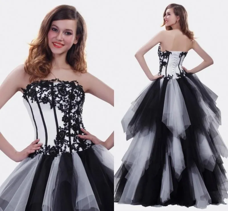 Klassieke witte en zwarte quinceanera jurken Hoge kwaliteit A-lijn vloer lengte Pageant jurken voor meisjes met appliques tiered ruches prom-jurk