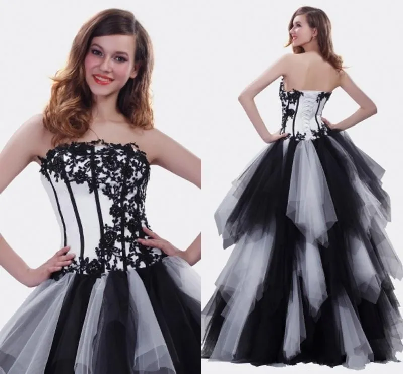 Clássico Branco e Preto Quinceanera Vestidos de Alta Qualidade A-line Até O Piso Pageant Vestidos para Meninas com Apliques Em Camadas Ruffles Prom Vestido