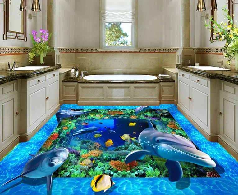 vinyl flooring bathroom Underwater world 3D  tiles floor three-dimensional painting background wall