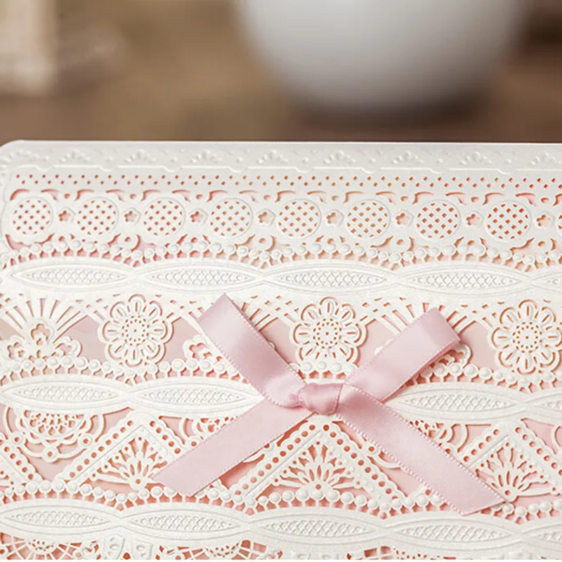 Laser Cut Flower Bowtie Style Invitation Card Lovely Customized Pink Color Wedding Invitations Free Printing Including Envelops