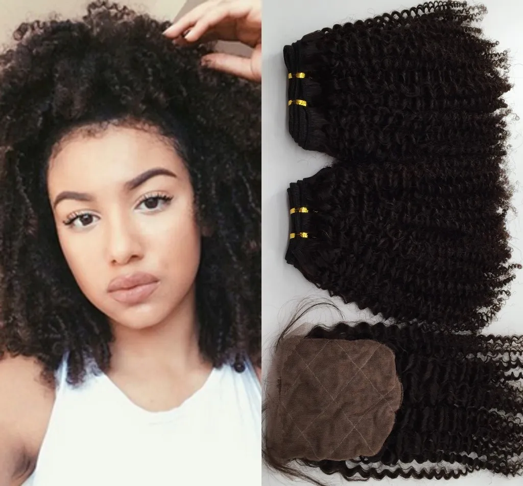 Fermeture en soie avec des faisceaux de cheveux brésiliens Kinky Curly Remy Armure de cheveux humains Cheveux vierges non transformés Extensions de cheveux péruviens malaisiens indiens