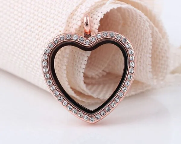 FULL Rhinestones Peach Heart Shape Glass Floating Locket Pendant Fit For Necklace Chain Making