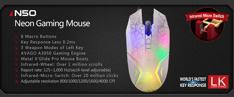 4000 CPI Bloody N50 Neon Gaming Mouse World Fastest Key Response Light Strick Gaming Möss Infrarödmikroswitch Mouse9541781