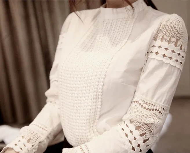 2015 Spring Autumn Woman White Blouses Plus Size Women's Blouse Elegant Lace Crochet Hollow Slim High Quality Chiffon Blusas Blouse Shirts