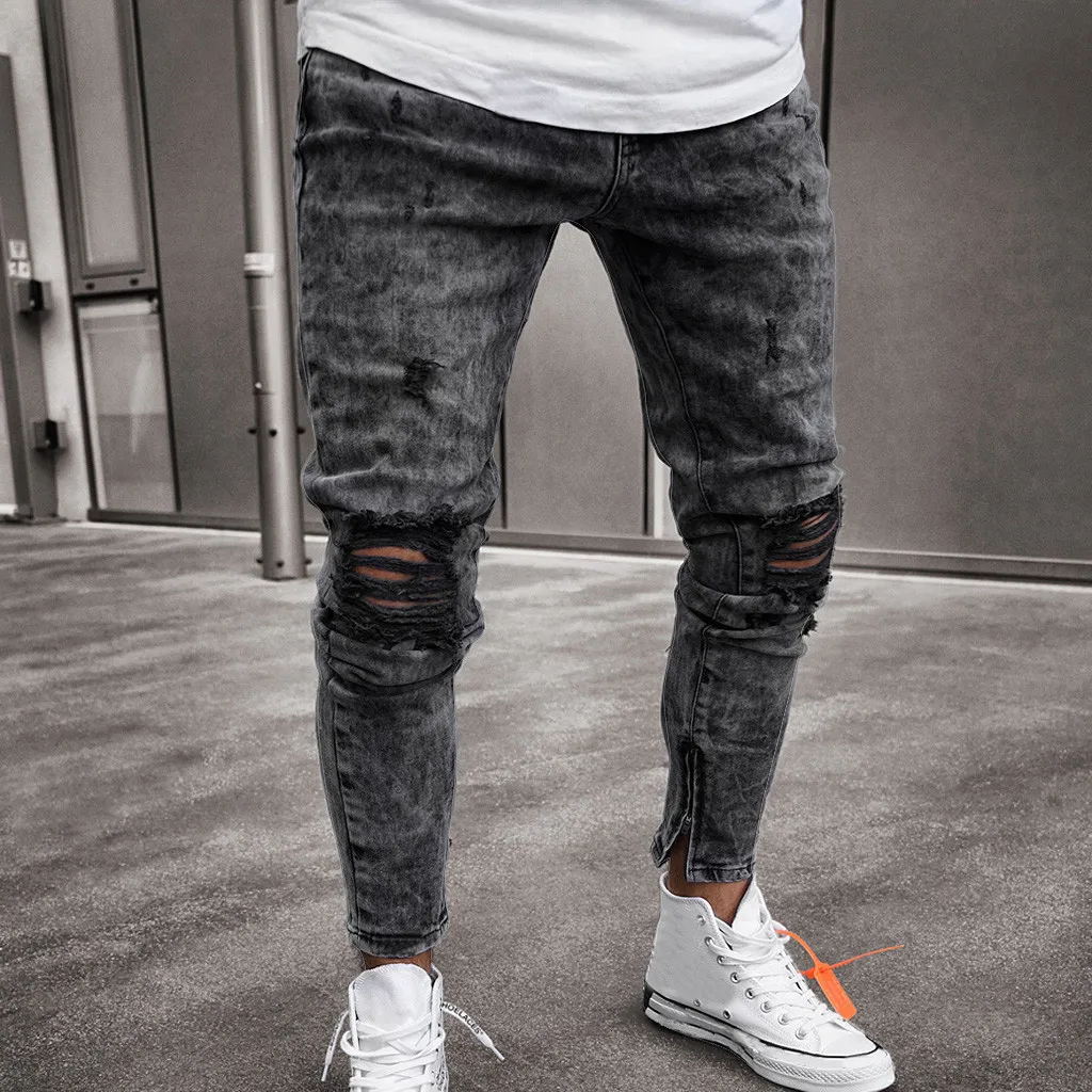 Feitong Top Brand Мужская одежда 2019 Узкие эластичные джинсовые брюки с рваными рваными брюками Slim Fit из брюк мужского пола C19042101