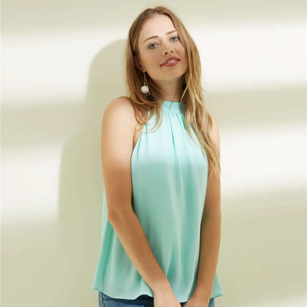 2018 blusas de las mujeres de color s lido sin mangas Halter cuellos de las mujeres de la manera tapas camisa floja de la Mujer blusas casuales