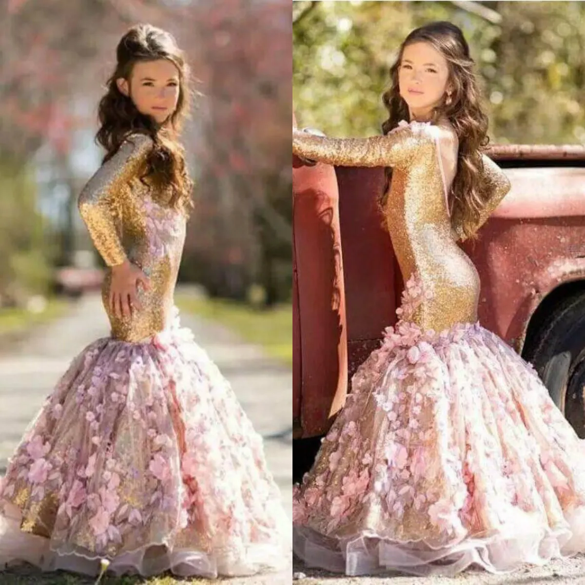 2019 Nya guldblomma tjejer klänningar för bröllop Sequined Mermaid Girls Pageant Klänningar Långärmade Baklösa Kids First Communion Gowns