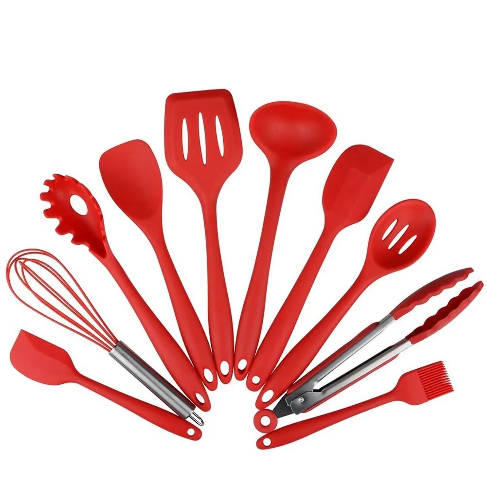 10 stks / set Siliconen Hittebestendige Keuken Kookgerei Non-Stick Bakken Tool Red