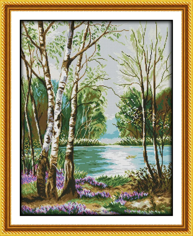 호수 풍경의 아름다운 경치 가정 장식 그림, 수제 십자수 자수 바느질 작업 캔버스에 계산 된 인쇄 DMC 14CT / 11CT