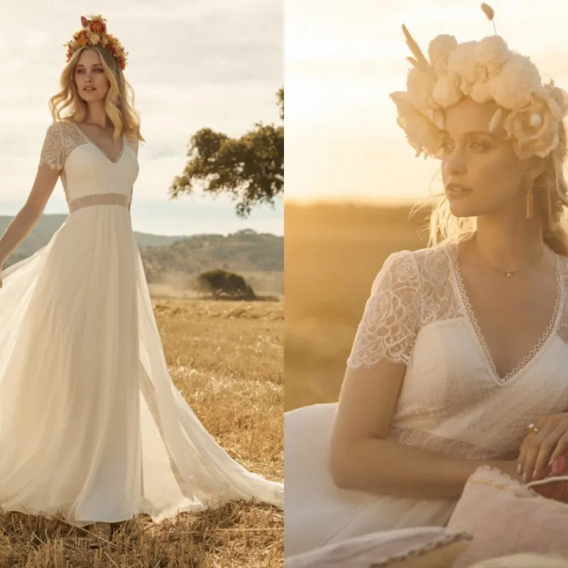 Rembo styling 2020 Bohemian Wedding Dress Vintage Lace Appliqued V Neck Country Beach Boho Bridal Gowns