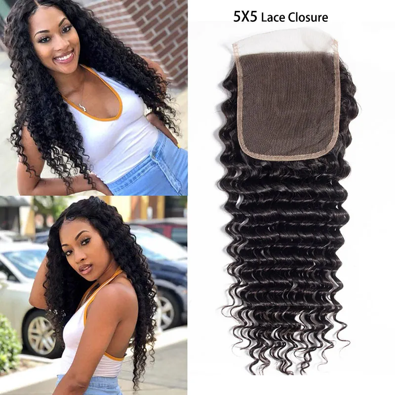 Brazilian Virgin Hair 5X5 Lace Closure Deep Wave Natural Color Five By Five Top Closures 12-24inch