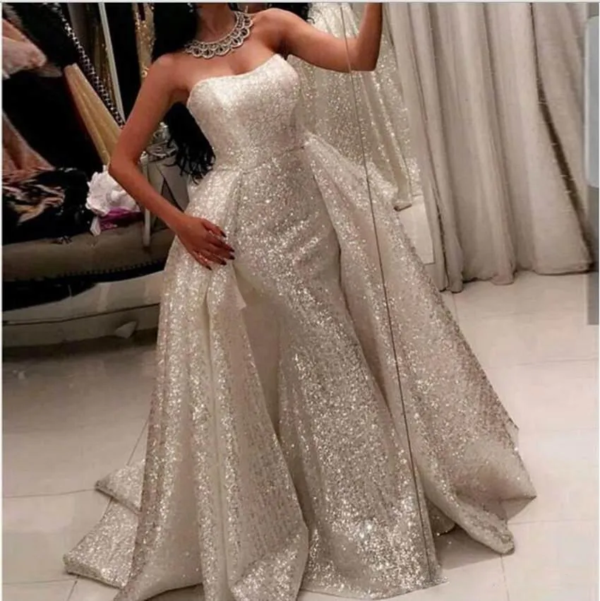 Abiti da ballo di lusso a sirena araba Dubai Abiti da sera con paillettes scintillanti senza spalline indossati con abiti da festa con strascico staccabile robe de soiree