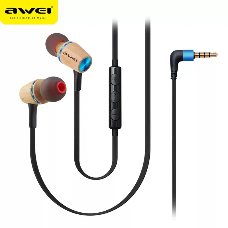 Awei ES-80TY High Quality Wooden 3.5MM In Ear Earphone Earbud Heavy Bass with Microphone Noise Cancelling For Phone