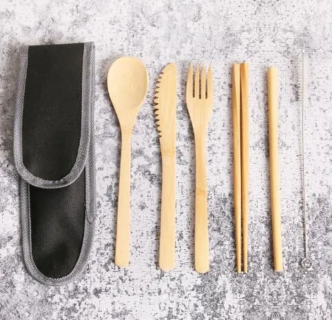 4 색 친환경 대나무 flatware 칼 세트 7 개/대 휴대용 대나무 짚 식탁 세트 천 가방 나이프 포크 스푼 젓가락