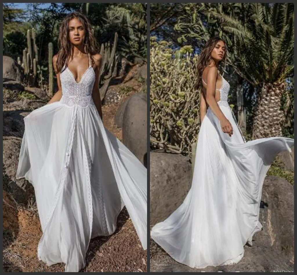 2020 New Sexy Asaf Dadush A Line Wedding Dresses Spaghetti Lace Wedding Gowns Backless Robe de mariée Simple Bridal Dress