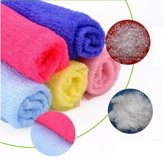 Salux Nylon Japansk Exfoliating Skönhet Skin Bad Dusch Tvättduk Handduk Back Scrub Bath Borstar Multi Färger