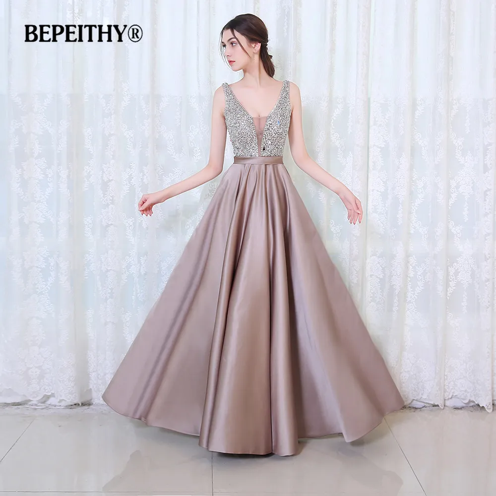 BEPEITHY V-Neck Beads Bodice Open Back A Long Evening Dress Party Elegant Vestido De Festa Fast Shipping Prom Gowns