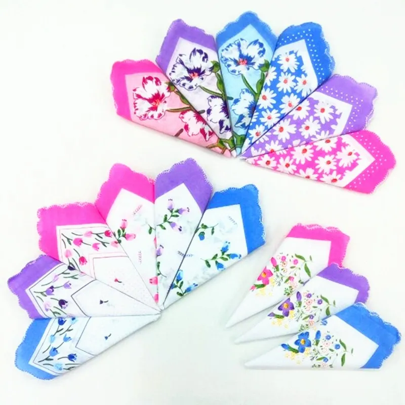 12PCS 28 * 28CM Color Tooth Side Printing Ladies Handkerchief Lotus Leaf Small Handkerchief Square Scarf Cotton Crescent Side