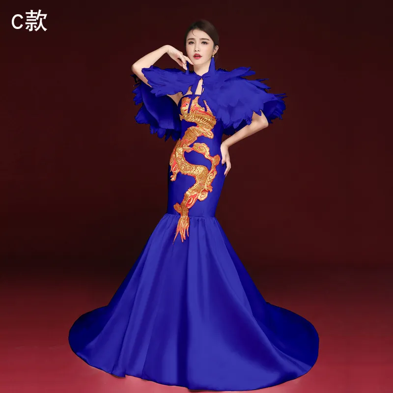 Modern Long Trailing Cheongsam Sexy Mermaid Chinese Evening party Dresses blue Embroideried Qipao Bride Oriental Wedding gown