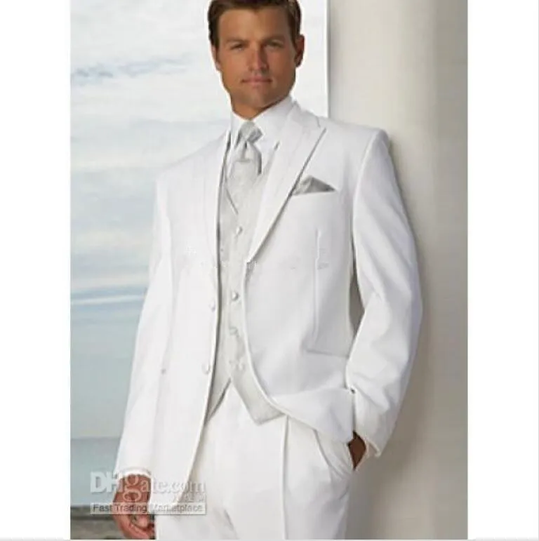 Nowe niestandardowe wykonane dwa przyciski White Groom Tuxedos Peak Lapel Men Prom Blazer Business Suits XZ25