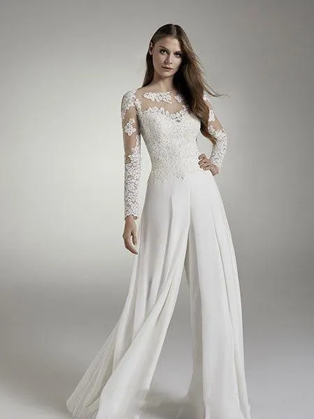 2022 Snörning Långärmade Bröllop Jumpsuits Brudklänningar Jewel Sheer Neck Hollow Tillbaka Applique Chiffon Byxor Bröllopsklänningar Reception Designer