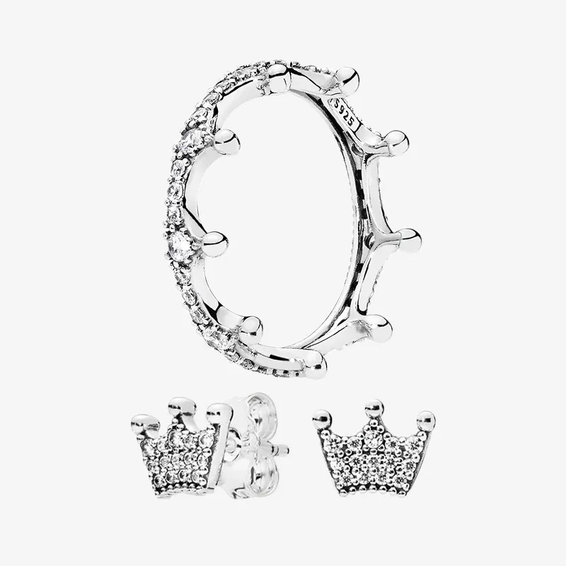 Ensembles de bagues et de boucles d'oreilles avec couronne scintillante Boîte d'origine pour Pandora 925 Argent Femmes Cadeau Bijoux d'été Bagues de mariage Boucles d'oreilles en gros