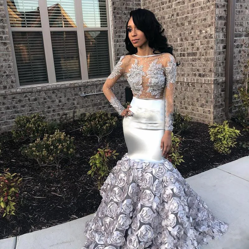 High Quality Silver African Mermaid Evening Dress 2020 New Rose Flower Skirt Long Sleeves Elegant Prom Dresses Abendkleider Robe de soiree