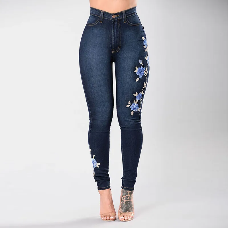 Stretch Gestickte Jeans Frauen Elastische Blaue Blume Jeans Weibliche Bleistift Denim Hosen Rose Muster Pantalon Femme Unten Hosen