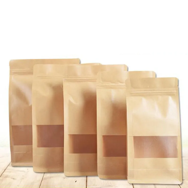 Brązowy Doypack Kraft Paper Pack Torby Wyczyść Okno Design Self Sealing Bag do Nakrętek Do Żywności Przekąski Magazyny QW9565