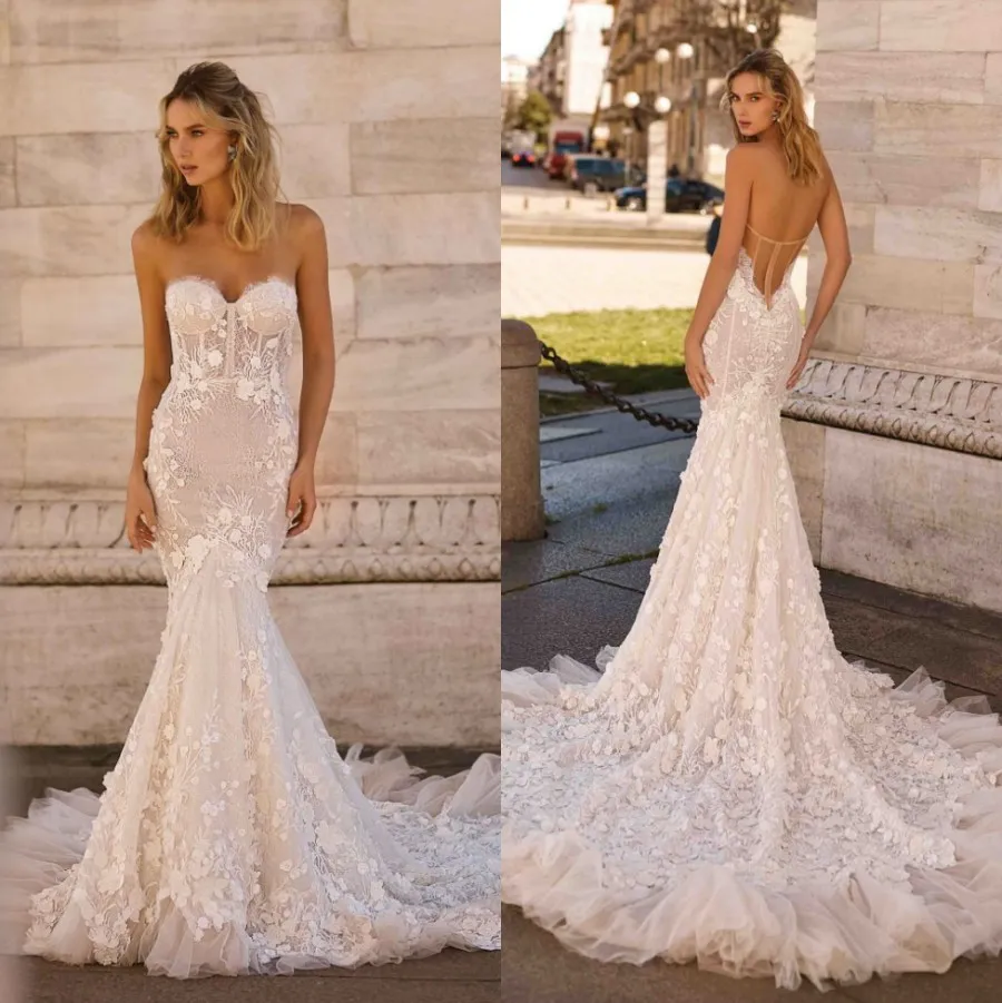 Berta Mermaid Lace Wedding Dresses Backless Beaded Strapless Bridal ...