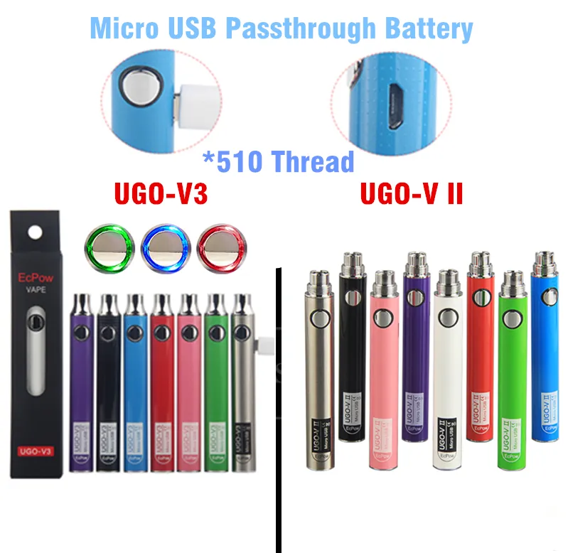 Oryginalny Bateria UGO-V II 2 510 Wątek Vape Pen Ugo V3 Vape Vape Areheat Batterys Zestawy Evod Evod Ego Micro USB Passhrough Cartridge ECIGS