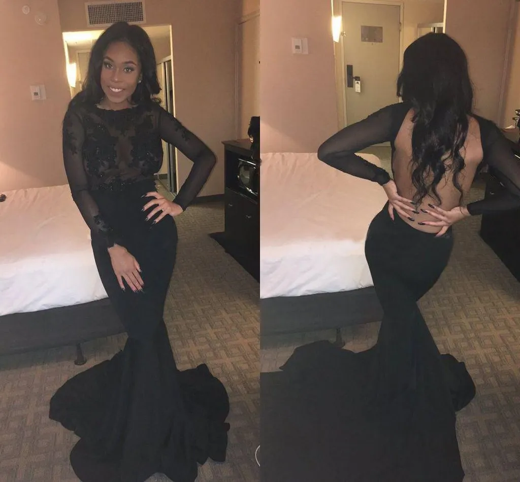 Mermaid Sexy Backless Prom Beads Sequined Long Sleeves Jewel Neck Formal Evening Dresses Party Gowns for Black Girls