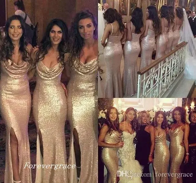 2019 Günstiges glitzerndes Roségold-Brautjungfernkleid, Meerjungfrau, seitlich geteilt, für den Garten, formelle Hochzeit, Party, Gast, Trauzeugin, Übergröße, nach Maß