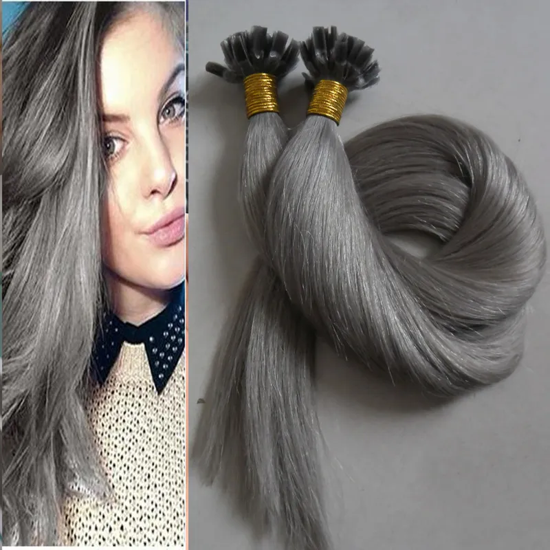 Silver Grey Hair Extensions 1g U Tips Hårförlängningar 100g U Tips Fusion Hair Extension Pre Bonded Virgin Rak Human 100s