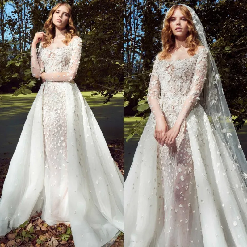 Zuhair Murad Mermaid Lace Wedding Dresses With Detachable Train Sheer Scoop Neck Beaded Bridal Gowns Appliqued Long Sleeves Vestido De Novia 407