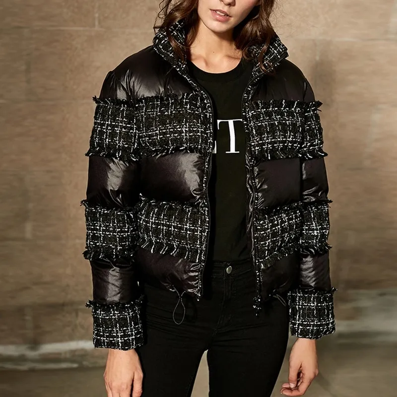 2018 Warm Black Women's Parkas Turtleneck Plaid Tweed Fringes Patchwork Cotton Padded Zipper Short Winter Coat Women Jacket