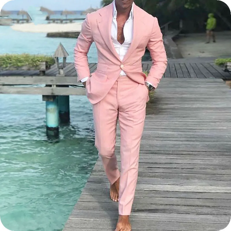 Najnowsze Płaszcz Spodnie Wzory Różowe Męskie Garnitury Dla Ślubu Groom Tuxedos Groomsmen Blazer 2piek Summer Beach Slim Fit Casual Business Męskiej Kurtka