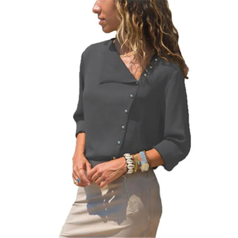 Damskie Designer Koszulki Casual Lapel Neck Solid Color Fashion Koreański Wersja Ladies Button Slanted Collar Tshirt Krótki rękaw Klamry Topy