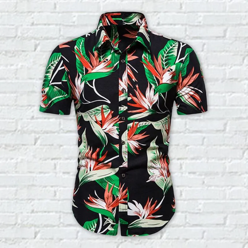 화이트 하와이 남자 셔츠 블랙 리프 인쇄 탑 옷깃 반팔 싱글 브레스트 패션 캐주얼 느슨한 셔츠 2020 여름 새로운
