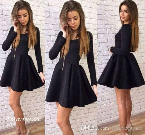 2019 Sexig liten svart kort hemkomstklänning Vintage Långärmade Juniors Sweet 15 Graduation Cocktail Party Dress Plus Size Custom Made