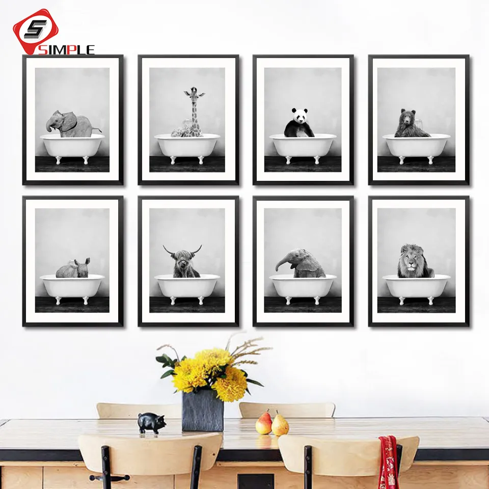 Gemälde Baby Tier in der Badewanne Poster Panda Giraffe Elefant Löwe Schwein Kuh Leinwand Malerei Kindergarten Wandkunst Nordic Bild Kid Room Decor